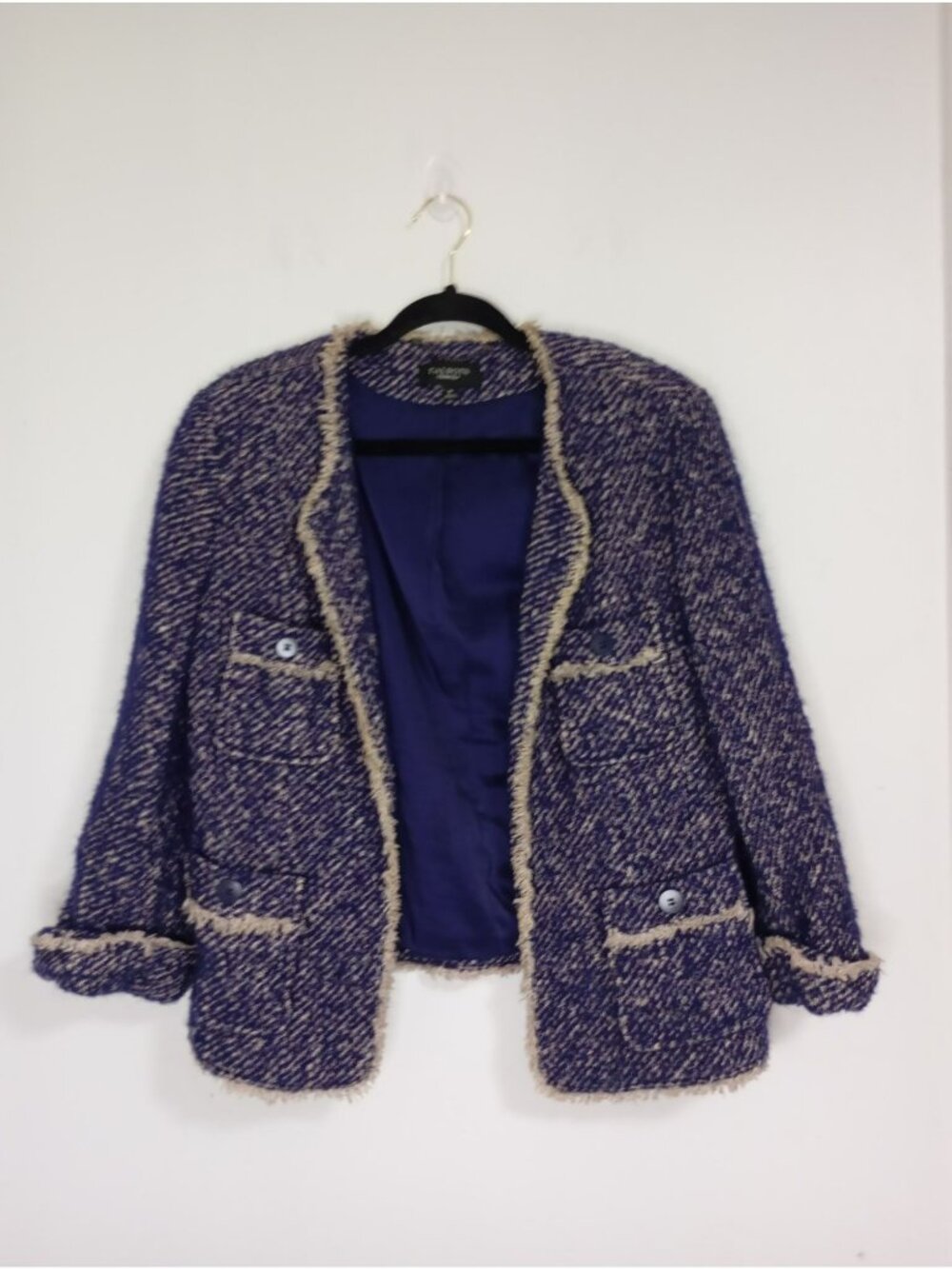 Talbots Womens Open-Front Tweed Jacket Sz 16 Blue Tan Fringe Trim Button Pockets